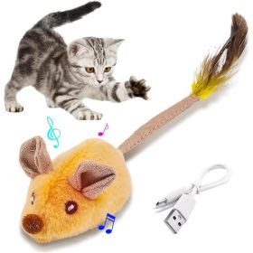 Interactive Cat Toys Mouse With LED Lights ForIndoor Cats USB Rechargeable Cat Mouse Toysfor Cats, Moving Automatic Chirping Squeakywith Feather (Option: Yellow)