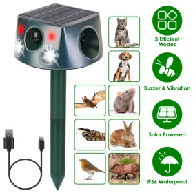 Solar & Type-C Rechargeable Animal Repeller - 3 Modes Ultrasonic+Buzzer+Vibration, IP66 Waterproof, 2200mAh Battery, Repels Moles Bats Squirrels (Option: defaulttitle)