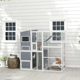 Large Wooden Catio Outdoor, Cat Enclosure W 4 Tier Resting Rooms, 3 Platforms, 1 Soft Ladder, 2 Ramps, 1 Hammock, Gray (Option: Gray)
