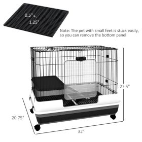 PawHut 2-Level Small Animal Cage Rabbit Hutch With Wheels, Removable Tray, Platform And Ramp For Bunny, Chinchillas, Ferret, Black (Option: Black)
