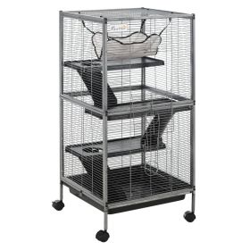 PawHut Metal Small Animal Cage Rolling Big Ferret Cage, Chinchilla Cage, Sugar Glider Cage, With Hammock & 4 Tiers, Removable Tray, Gray (Option: Gray)